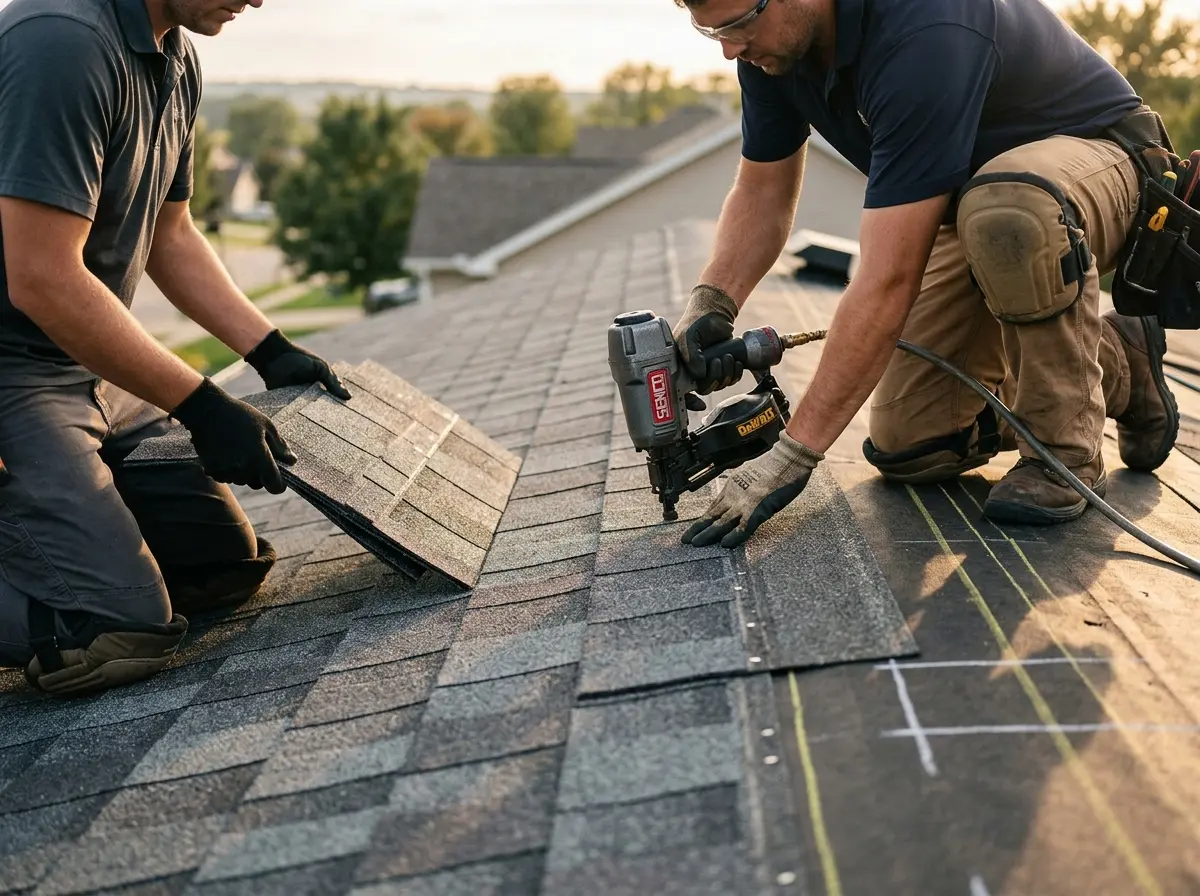 Professional roofer working on a residential roof in Green River